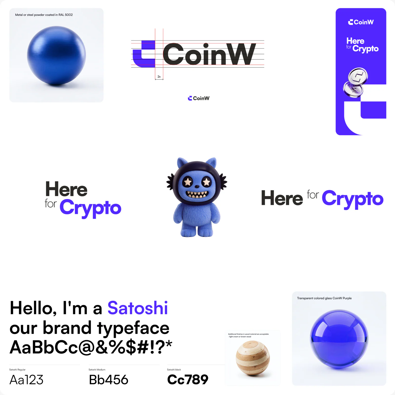 CoinW brand system board with logo construction, type, mascot, and materials