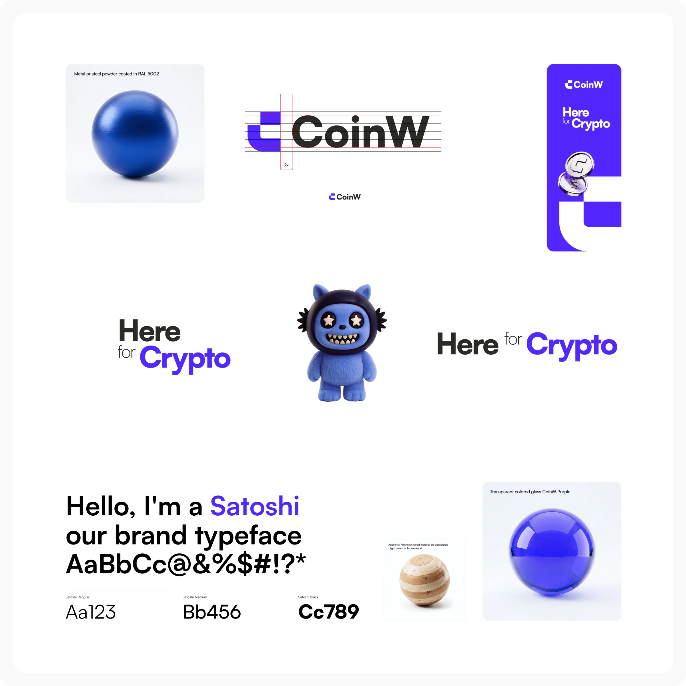 CoinW brand system board with logo construction, type, mascot, and materials