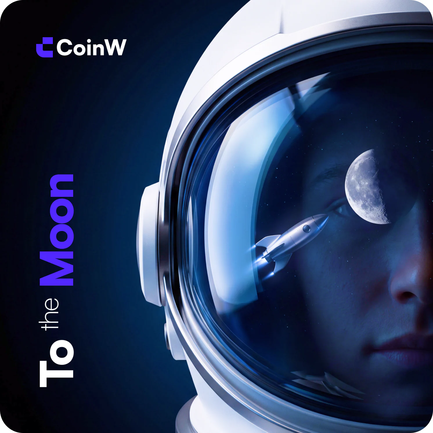 CoinW campaign visual: astronaut helmet with To the Moon typography