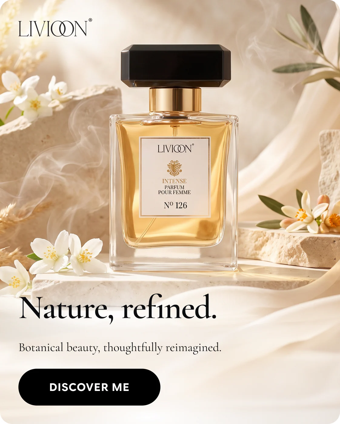 Livioon campaign Format-01: bottle on light stone with fabric, flowers, type and CTA