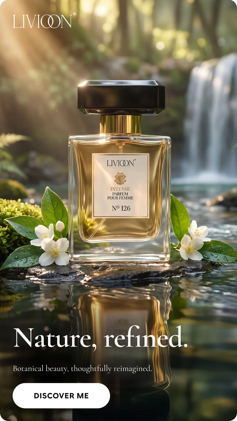 Livioon campaign Format-02: bottle in water among foliage with campaign type and CTA