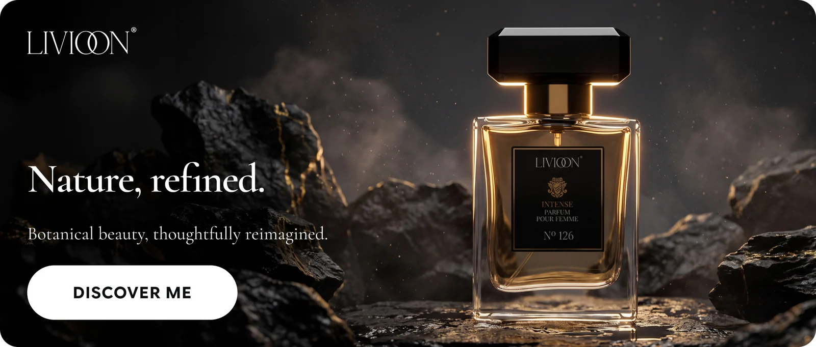 Livioon campaign Format-03: wide banner with bottle on dark rock, type and CTA