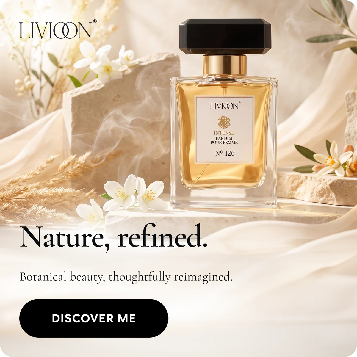 Livioon campaign Format-04: square format with bottle, flowers, type and CTA