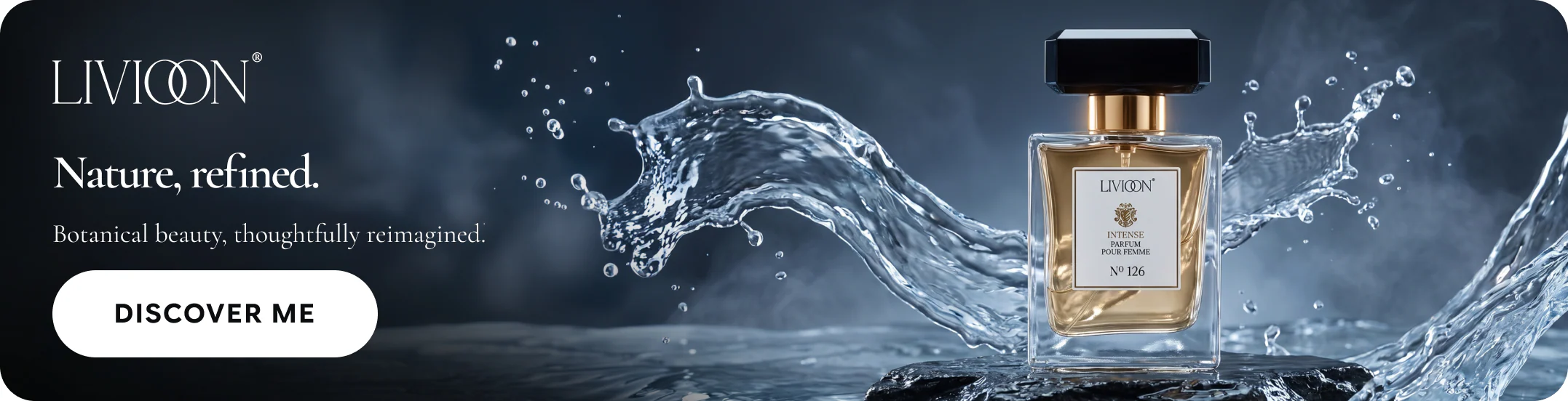 Livioon campaign Format-05: narrow banner with bottle, water splash, type and CTA