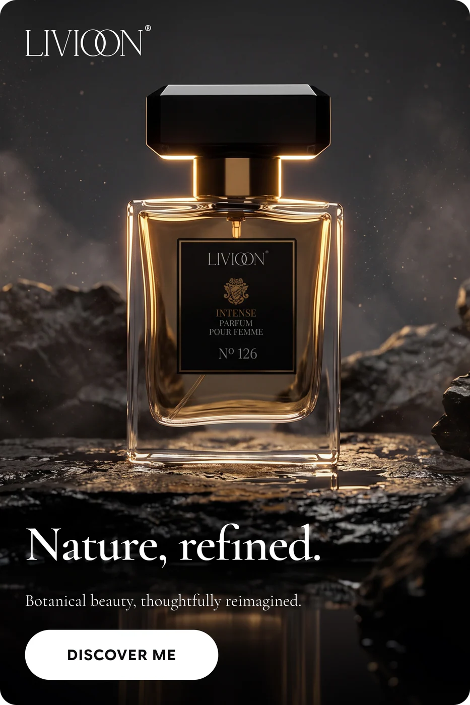 Livioon campaign Format-06: bottle on volcanic rock with golden light, type and CTA