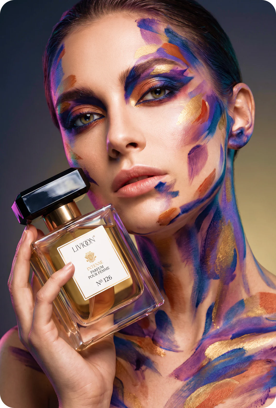 Livioon campaign exploration: painted portrait holding the fragrance bottle
