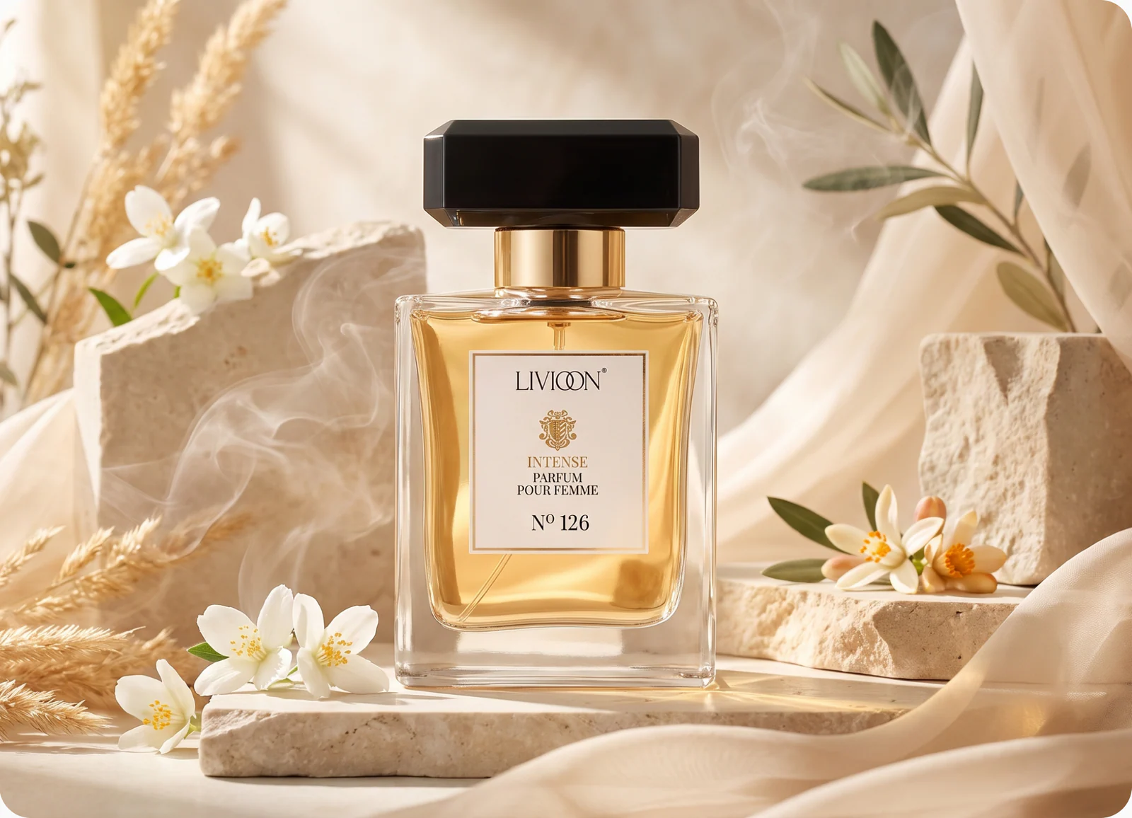 Livioon bottle styled on stone with fabric and botanicals, after retouching