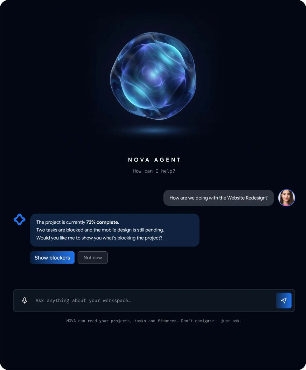 Nova AI Agent workspace with glowing orb and chat interface
