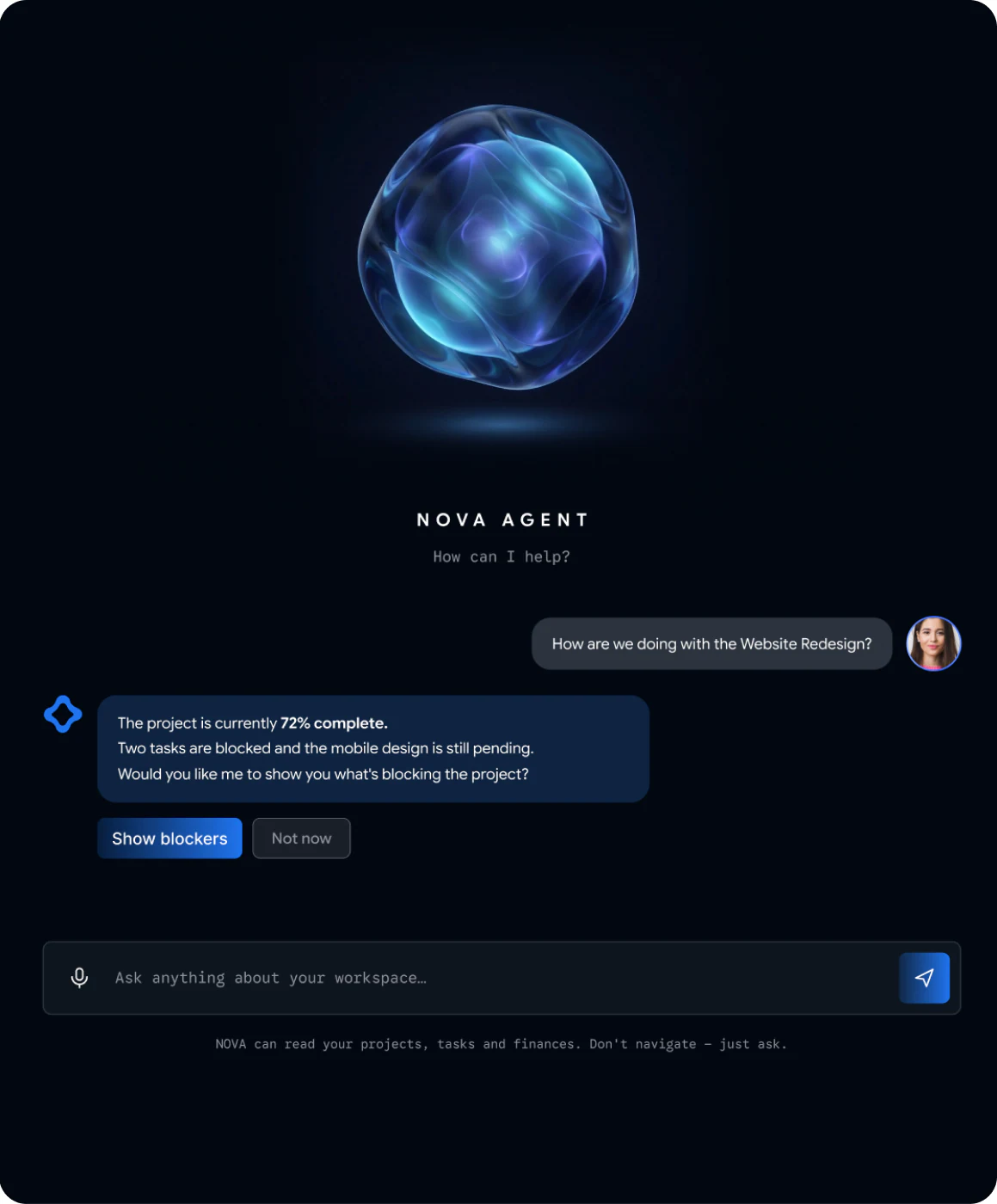 Nova AI Agent workspace with glowing orb and chat interface