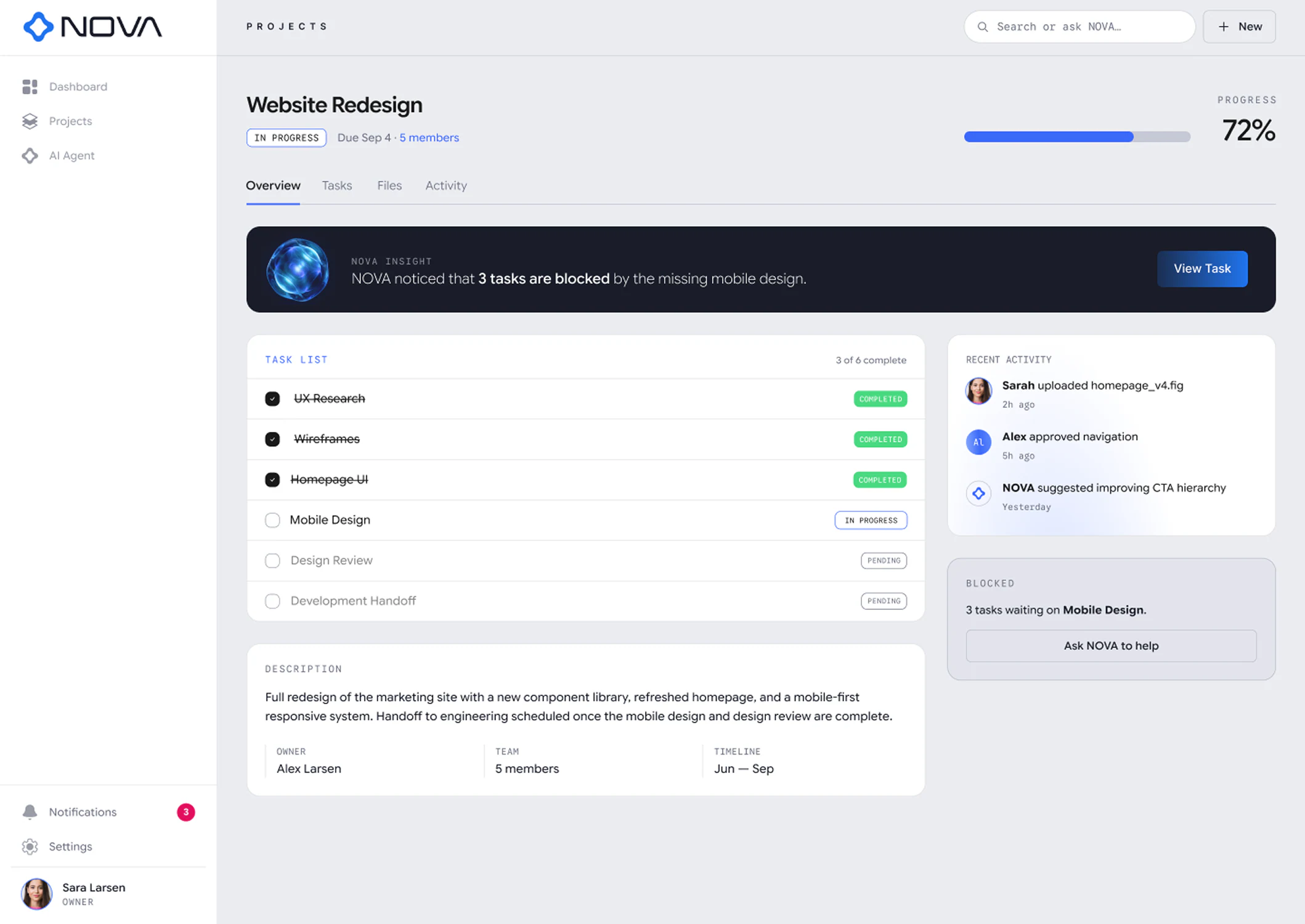Nova project workspace in light mode