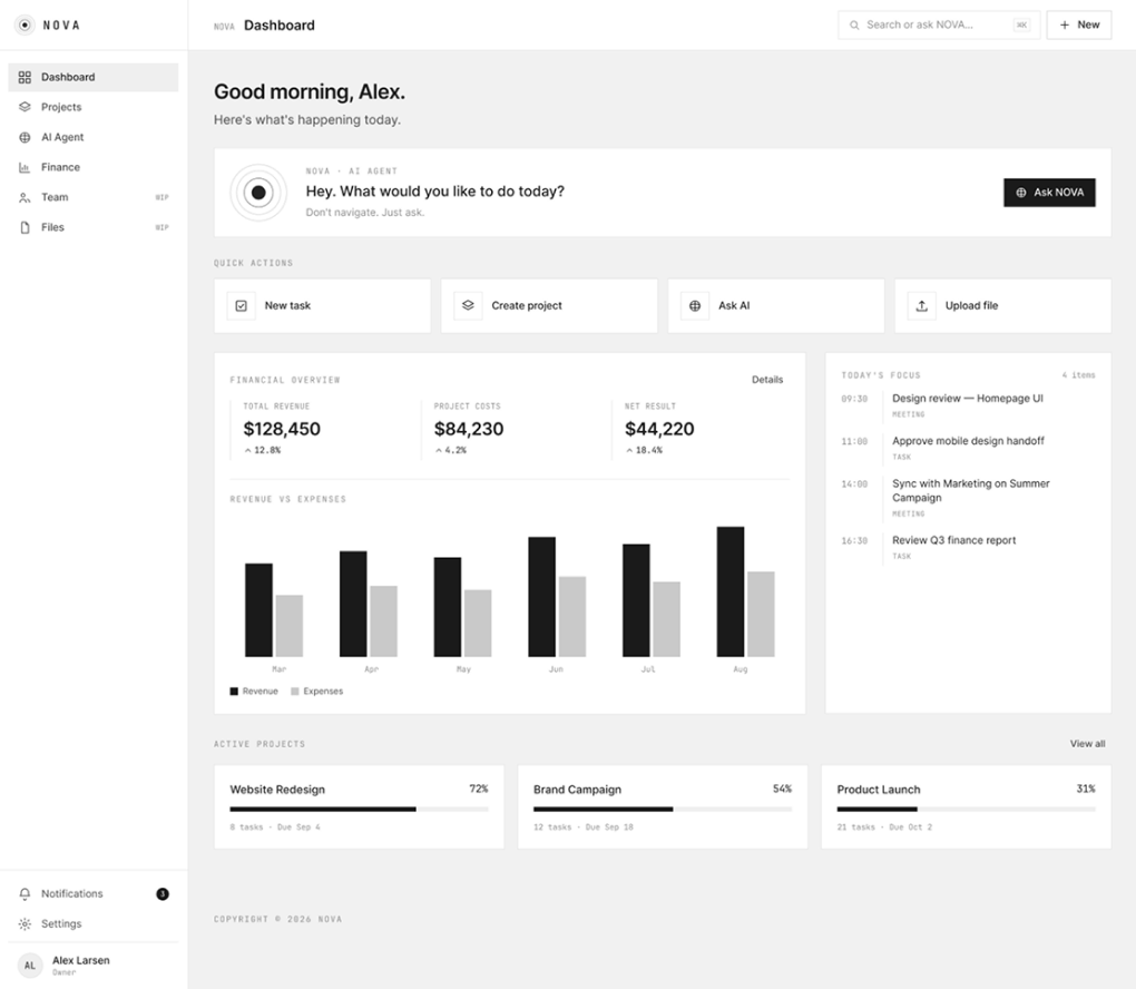 Nova dashboard wireframe