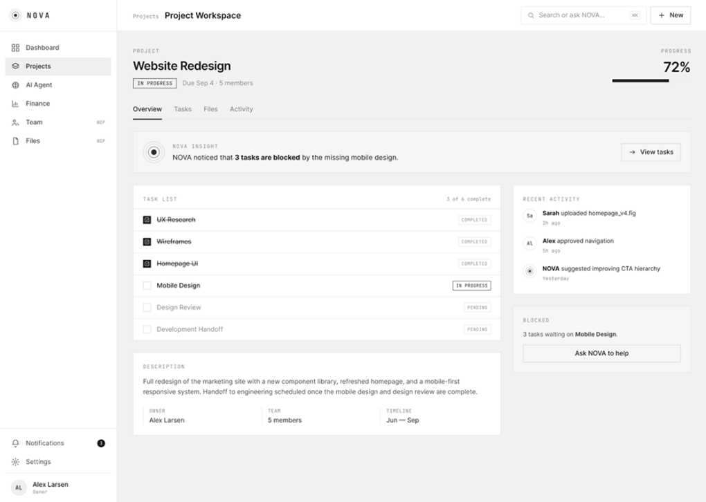 Nova project workspace wireframe